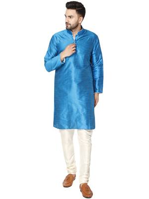 Turquoise embroidered art silk kurta-pajama 1