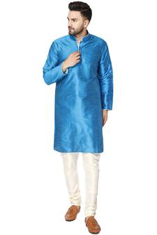 Turquoise embroidered art silk kurta-pajama