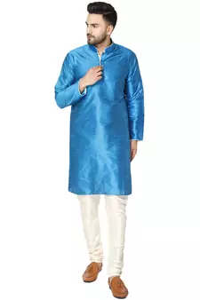 Turquoise embroidered art silk kurta-pajama