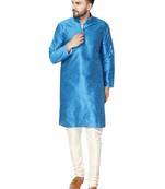 Turquoise embroidered art silk kurta-pajama