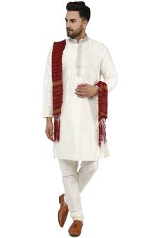 White embroidered art silk kurta-pajama