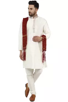 White embroidered art silk kurta-pajama