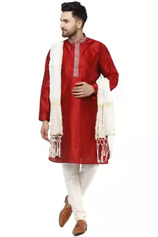 Red embroidered art silk kurta-pajama