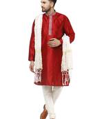 Red embroidered art silk kurta-pajama
