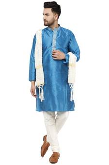 Turquoise embroidered art silk kurta-pajama