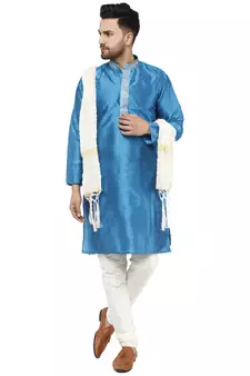 Turquoise embroidered art silk kurta-pajama