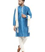 Turquoise embroidered art silk kurta-pajama