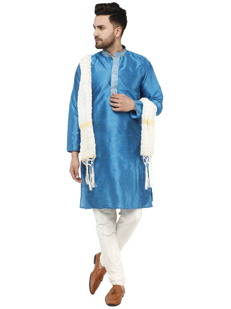 Turquoise embroidered art silk kurta-pajama