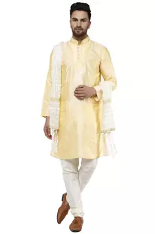 Beige embroidered art silk kurta-pajama