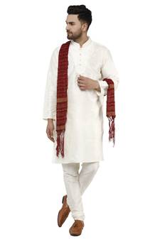 White embroidered art silk kurta-pajama
