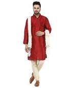Red embroidered art silk kurta-pajama