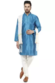 Turquoise embroidered art silk kurta-pajama