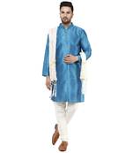 Turquoise embroidered art silk kurta-pajama