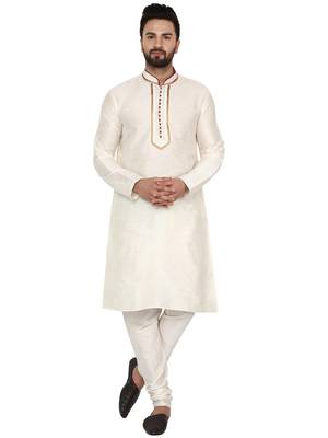 White embroidered art silk kurta-pajama 1