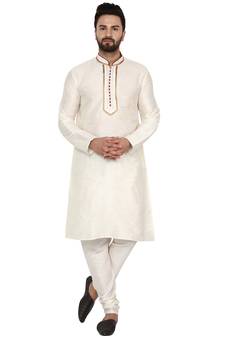White embroidered art silk kurta-pajama