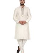 White embroidered art silk kurta-pajama