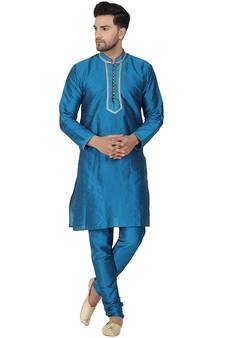 Turquoise embroidered art silk kurta-pajama