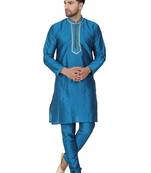 Turquoise embroidered art silk kurta-pajama