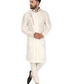 White embroidered art silk kurta-pajama