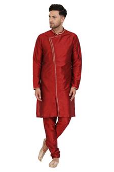 Red embroidered art silk kurta-pajama