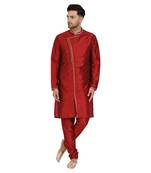 Red embroidered art silk kurta-pajama