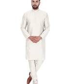 White embroidered art silk kurta-pajama