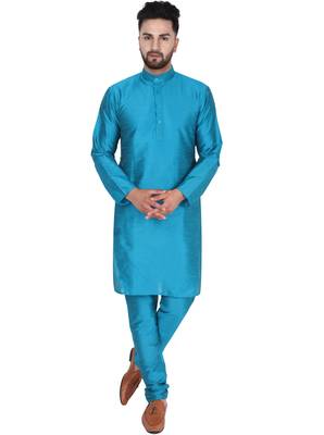Turquoise embroidered art silk kurta-pajama 1