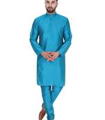 Turquoise embroidered art silk kurta-pajama