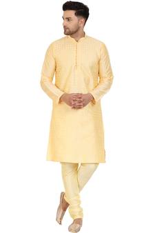 Beige embroidered art silk kurta-pajama