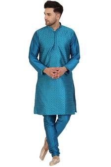 Turquoise embroidered art silk kurta-pajama