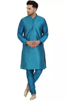 Turquoise embroidered art silk kurta-pajama