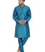 Turquoise embroidered art silk kurta-pajama