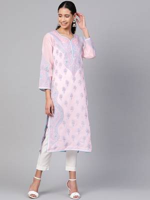 Ada Hand Embroidered Pink Cotton Lucknowi Chikankari Women Kurti - A238162 1