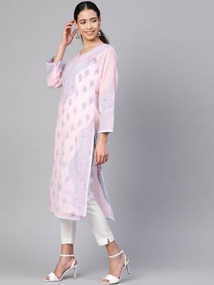 Ada Hand Embroidered Pink Cotton Lucknowi Chikankari Women Kurti - A238162 3