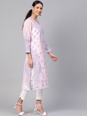 Ada Hand Embroidered Pink Cotton Lucknowi Chikankari Women Kurti - A238162 4