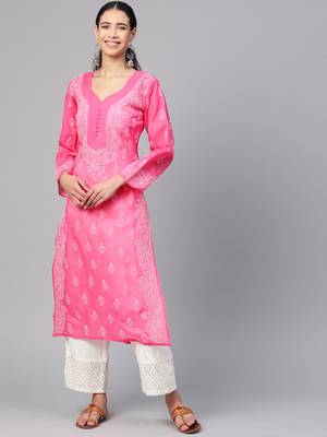 Ada Hand Embroidered Pink Cotton Lucknow Chikankari Women Kurti - A236268 1