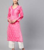Ada Hand Embroidered Pink Cotton Lucknow Chikankari Women Kurti - A236268