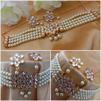 Indian Bollywood Full Pearl Kundan Choker Jewellery Set 3