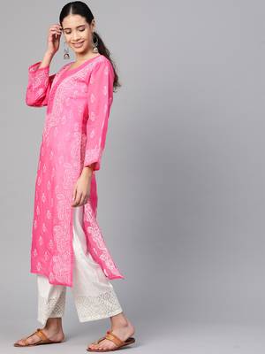 Ada Hand Embroidered Pink Cotton Lucknow Chikankari Women Kurti - A236268 3