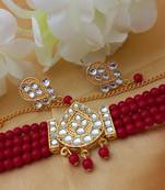 Designer Drop Shape Kundan Red Pearl Choker Jewellery Set