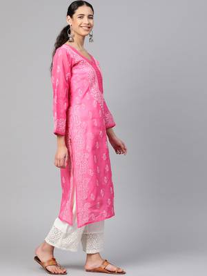 Ada Hand Embroidered Pink Cotton Lucknow Chikankari Women Kurti - A236268 4