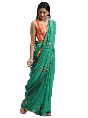 Green embroidered silk_blend saree with blouse 1