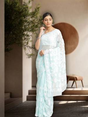 Women Blue Hand Embroidered Faux Georgette Lucknowi Chikankari Saree With Blouse 1
