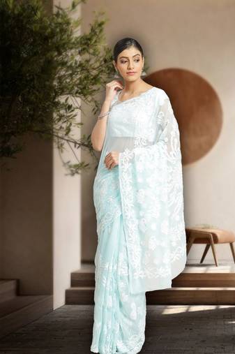 Women Blue Hand Embroidered Faux Georgette Lucknowi Chikankari Saree With Blouse