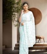 Women Blue Hand Embroidered Faux Georgette Lucknowi Chikankari Saree With Blouse