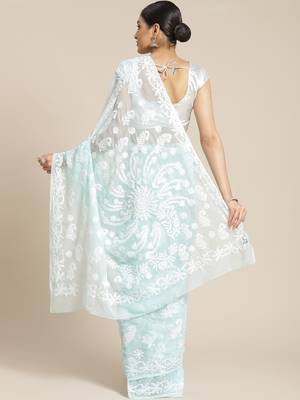 Women Blue Hand Embroidered Faux Georgette Lucknowi Chikankari Saree With Blouse 2