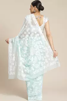 Women Blue Hand Embroidered Faux Georgette Lucknowi Chikankari Saree With Blouse