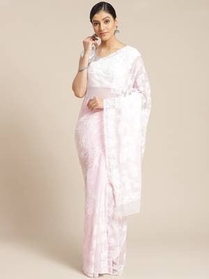Ada Handmade Pink Faux Georgette Lucknowi Chikankari Indian Women Saree With Blouse - A130086 1