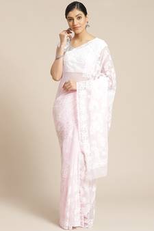 Ada Handmade Pink Faux Georgette Lucknowi Chikankari Indian Women Saree With Blouse - A130086