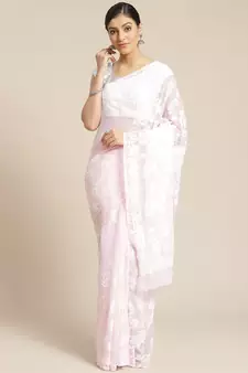 Ada Handmade Pink Faux Georgette Lucknowi Chikankari Indian Women Saree With Blouse - A130086